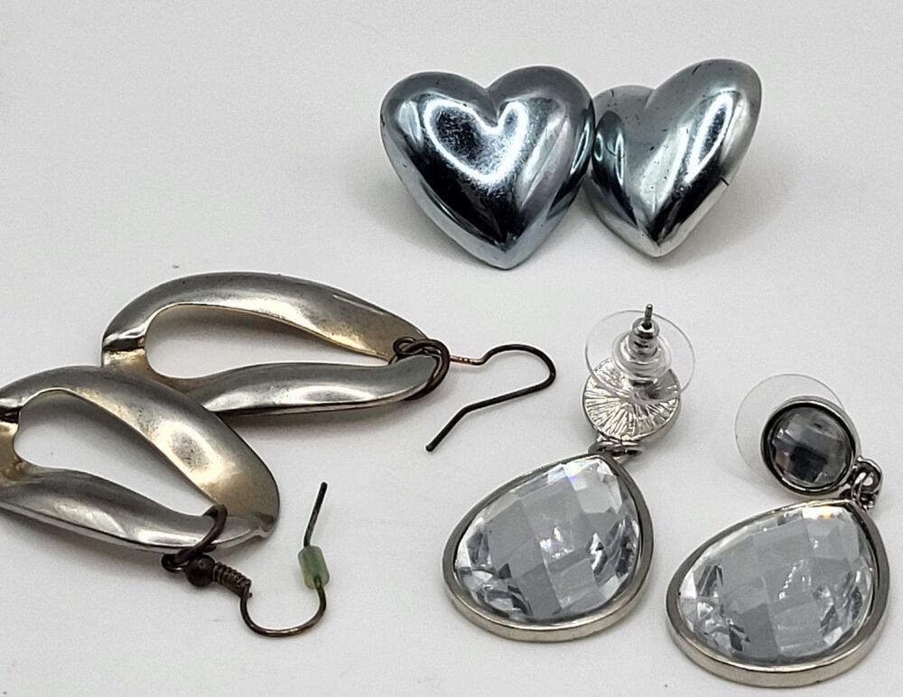 Earrings Jewelry Lot 3 Pairs Silver Tone Chunky Heart Clear Crystal Drop Vtg